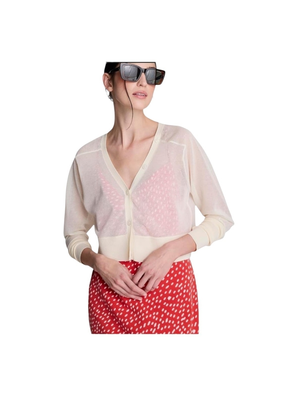 KENNETH COLE - Small Black Cropped V-Neck Shear Cardigan - Picture 3 of 9